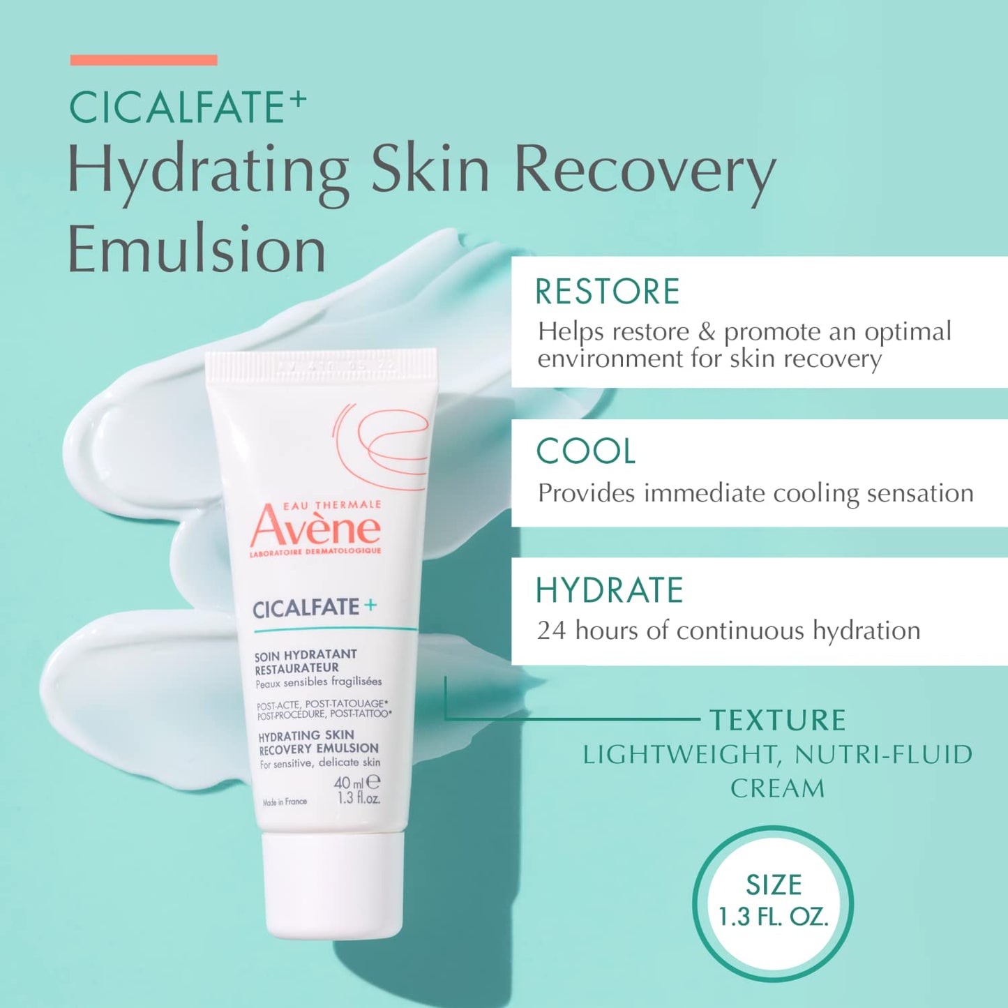 Avène Cicalfate+ Hydrating Skin Recovery Emulsion - 24HR Moisture for Post-Procedure & Tattoo Care | 1.3 Fl Oz