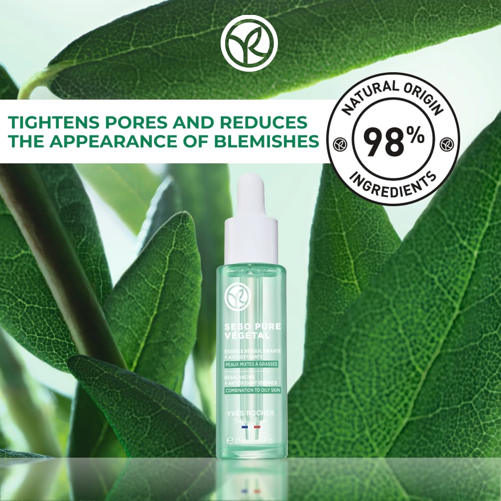 Yves Rocher Rebalancing + Antioxidant Essence Serum, Purify & Mattify Skin with Salicylic Acid, For Combintaiton & Oily Skin Types, 1 FL OZ