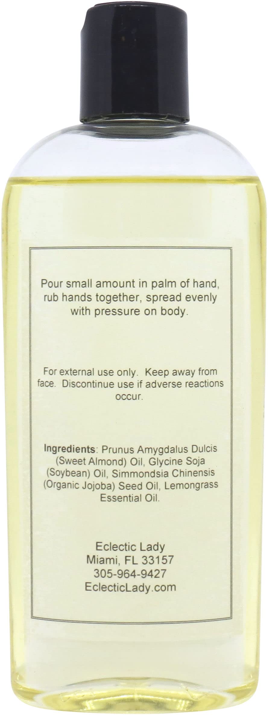 All Natural Lemongrass Massage Oil - Eclectic Lady 8 oz. 100% Natural Ingredients with Sweet Almond & Jojoba Oil, Relaxing Scent for Men & Women