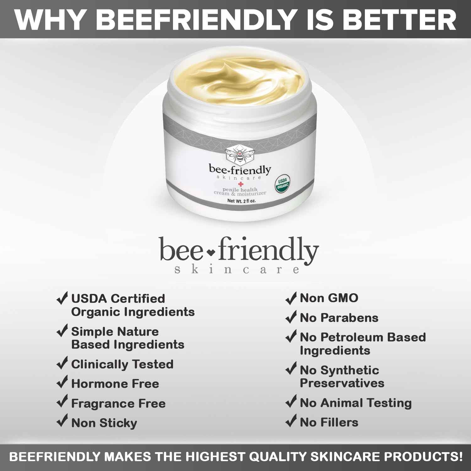 BeeFriendly Organic Penile Health Creme, USDA Certified Cream, Natural Moisturizer Aids With Dry, Chafed, Itchy, Irritated & Sensitive Male Skin 2 oz