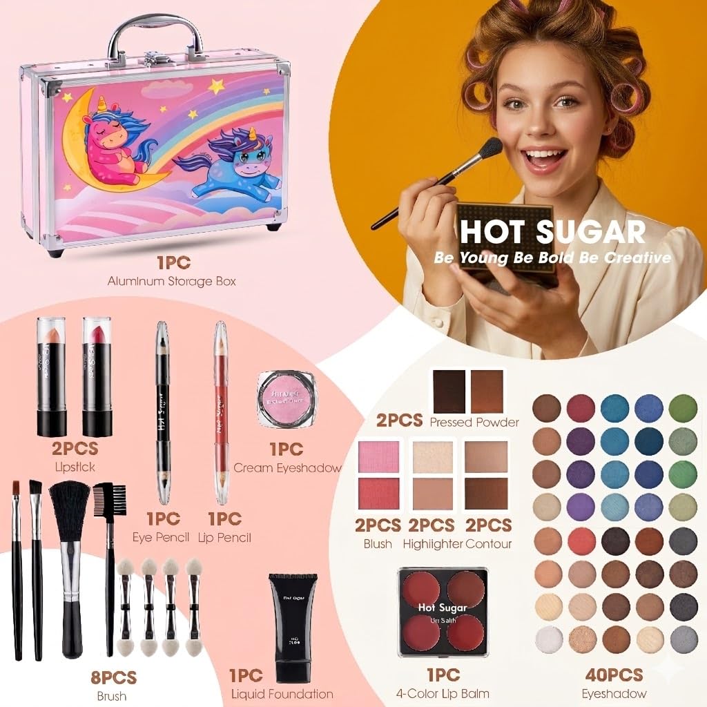 Hot Sugar Makeup Kit for Girls With Unicorn Aluminum Cosmetic Box including eyeshadow lipstick blush brush for Birthday Christmas