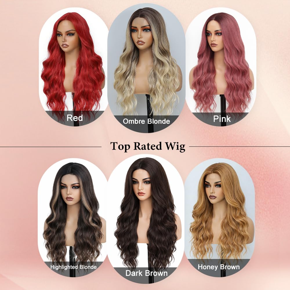 HMHIFI Long Brown Mixed Blonde Wigs for Women Highlights Blonde Wig Natural Middle Part Synthetic Curly Hair Heat Resistant Fiber Hair Replacement Wigs for Daily Party