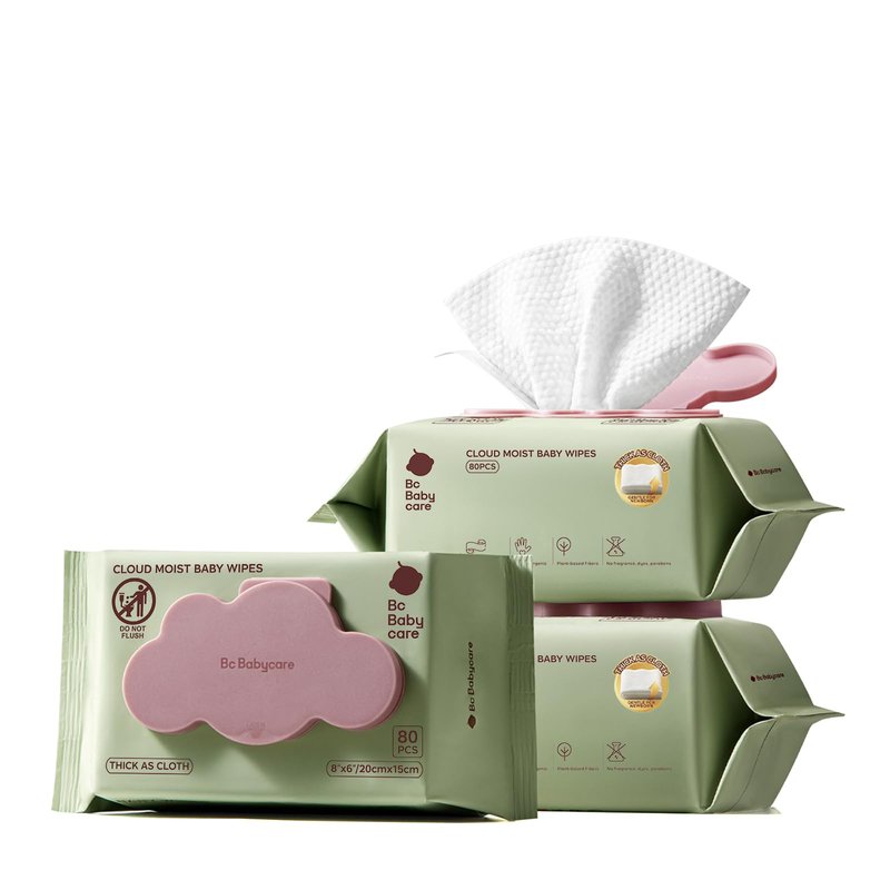 Bc Babycare Cloud Moist Baby Wipes, Thick & XL, 99% Water, Ultra-Hydrating, Unscented, Hypoallergenic for Sensitive Skin, Biodegradable, 3 Flip-Top, 240 Count