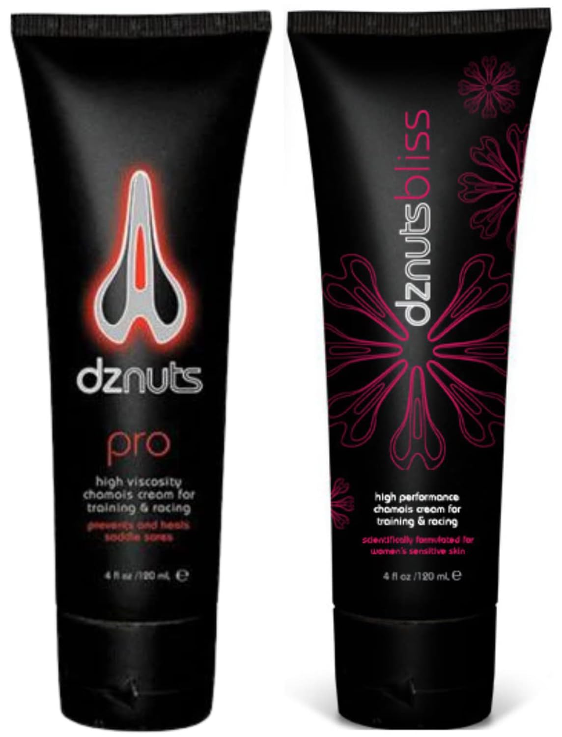 dznuts - Men's Pro Chamois Cream and Women's Bliss Chamois Cream - Anti-Chafing Cream for Saddle Sores, Rubbing, and Inner Thigh Friction for Cyclists, Runners, Triathletes (4 fl oz Each)