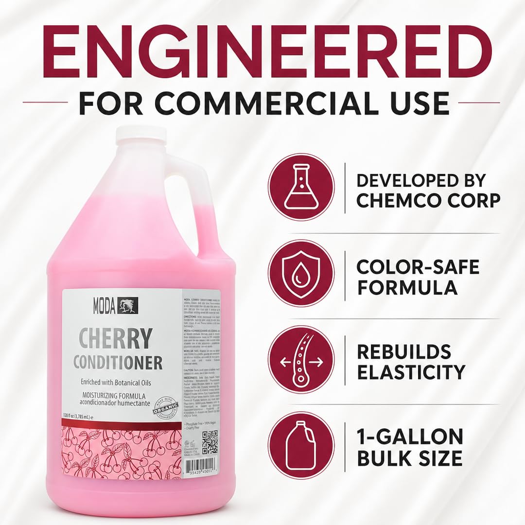 MODA Cherry Bulk Salon Conditioner Premium Back-Bar & Amenity Treatment Salon-Grade Luxury at Commercial Scale A 'set it and forget it' 1-Gallon single-SKU solution Repairs the cuticle 128 Oz