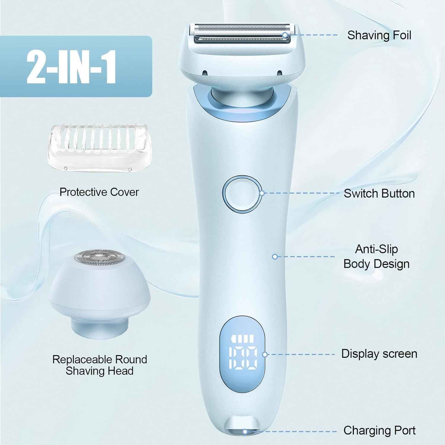 Livora Electric Shaver for Women, 2 in 1 Glide Pro 3.0 Razor, Silk Glide Pro Shaver 2 with Removable Head, Wet & Dry Waterproof, Rechargeable Cordless for Bikini, Leg, Arm, Underarm, Body (Blue)