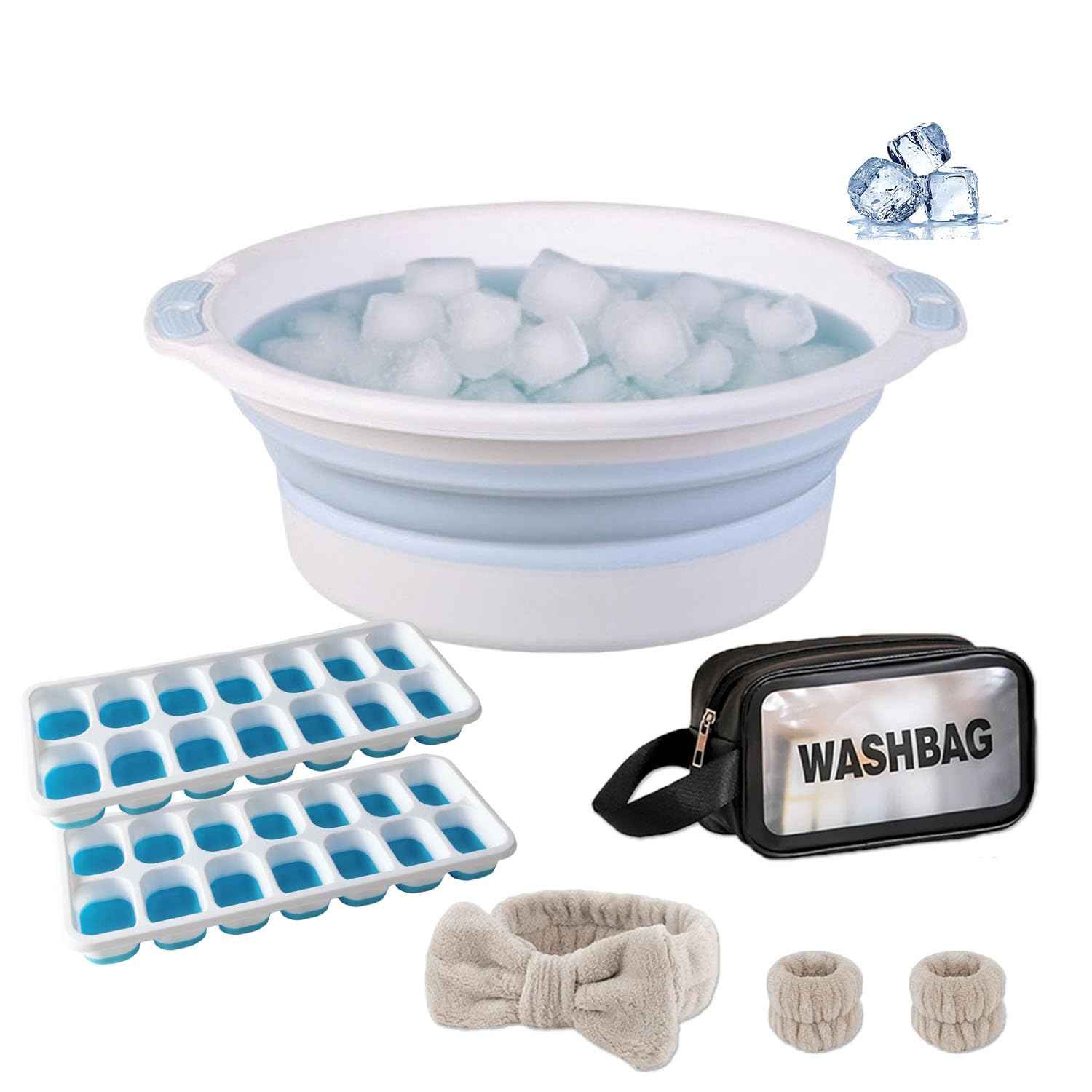 Facial Ice Bath Kit Foldable Face Bowl with Reusable Ice Cube, Headband & Wristband Set, Storage Bag, Portable, Convenient, Spa-Like Cold Therapy at Home