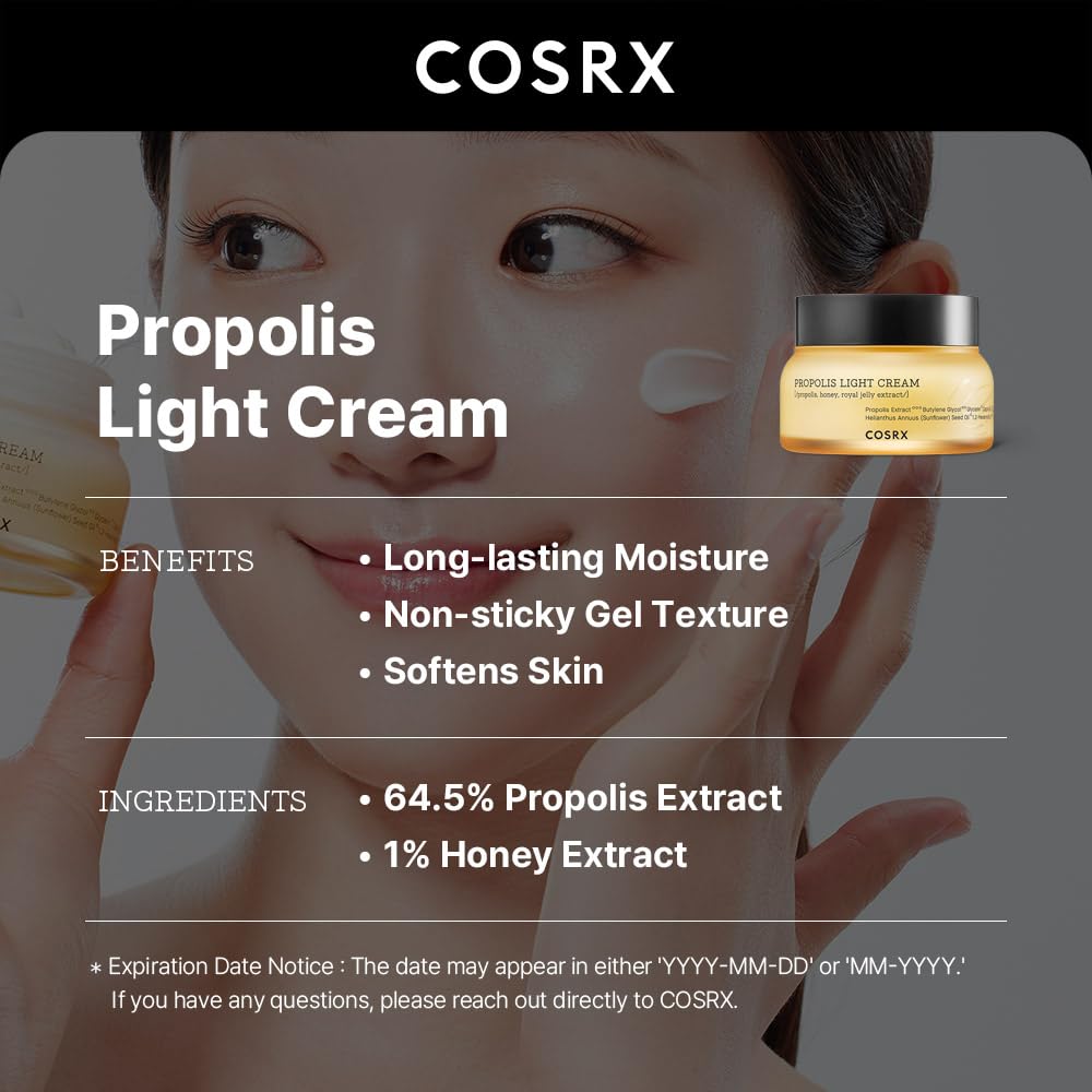 COSRX Full Fit Propolis Light Cream, 2.19 Fl.oz / 65ml, Propolis 64.5%, Hydrating Daily Day and Night Moisturiser, Korean Skin Care, Not Tested on Animals