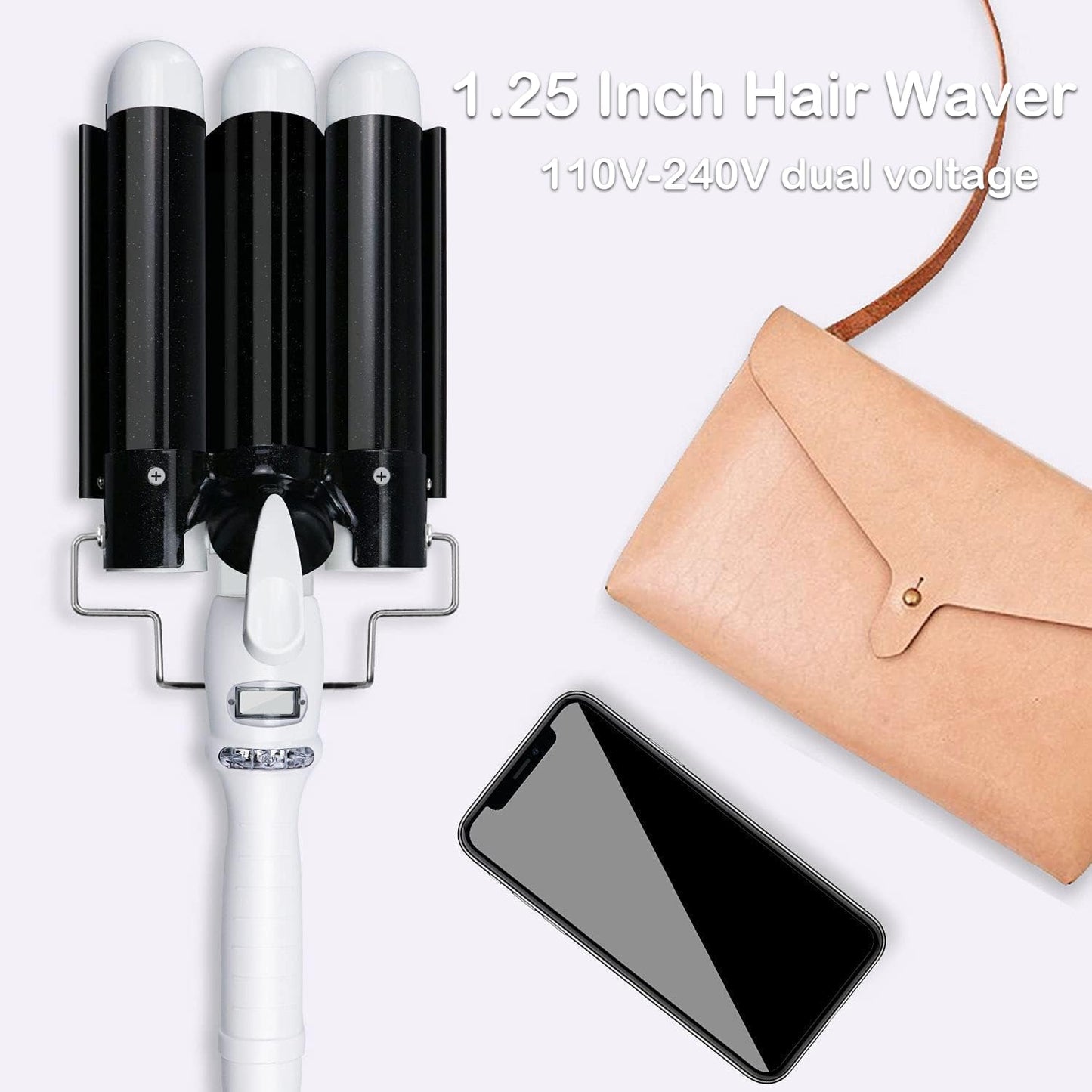 3 Barrel Curling Iron Hair Crimper: Birthday Gifts for Women - Aleath Dual Voltage Adjustable Temperature Three Barrels Hair Waver - 1.25 Inch Ceramic Curler Wand with LCD Display (Black)