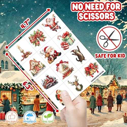 96PCS Christmas Temporary Tattoos Stickers Pre-Cut Themed Christmas Birthday Party Decorations Supplies Favors Decor Winter Xmas Santa Claus for Women Kids Adults Gifts Prizes Rewards