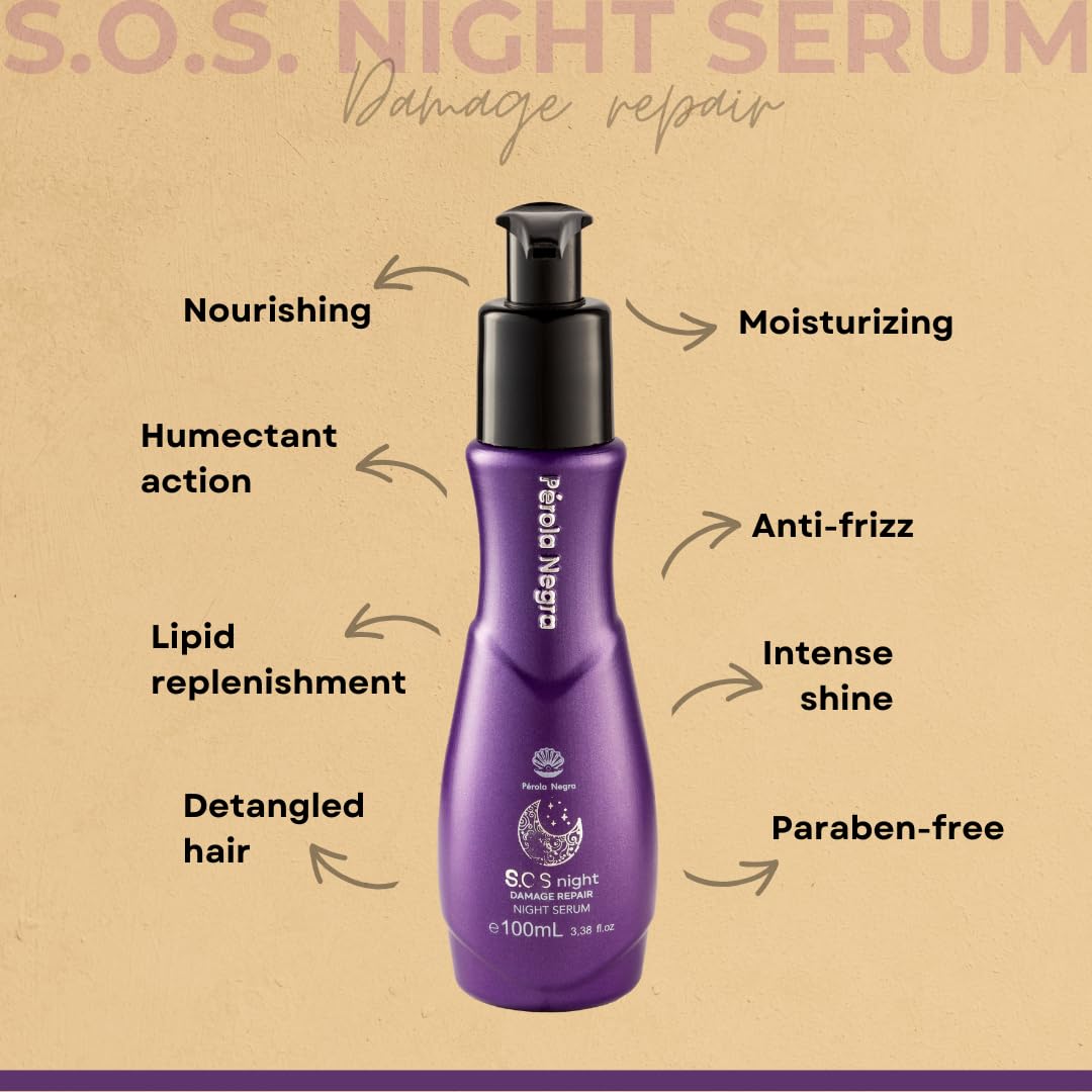 PÉROLA NEGRA S.O.S Night Serum - Damage Repair with Vitamin E & Argan Oil | 3.38 Fl. Oz - Nourishing Treatment for Dry Hair