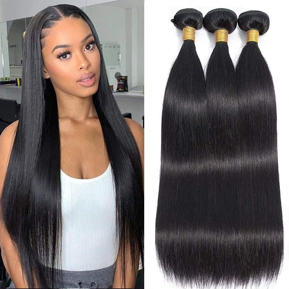 Straight Human Hair Bundles 12 12 12 Inch Trippy Hair Quick Weave 3 Bundles Human Hair 100% Unprocessed Raw Brazilian Virgin Hair Extensions for Black Women Natural Color