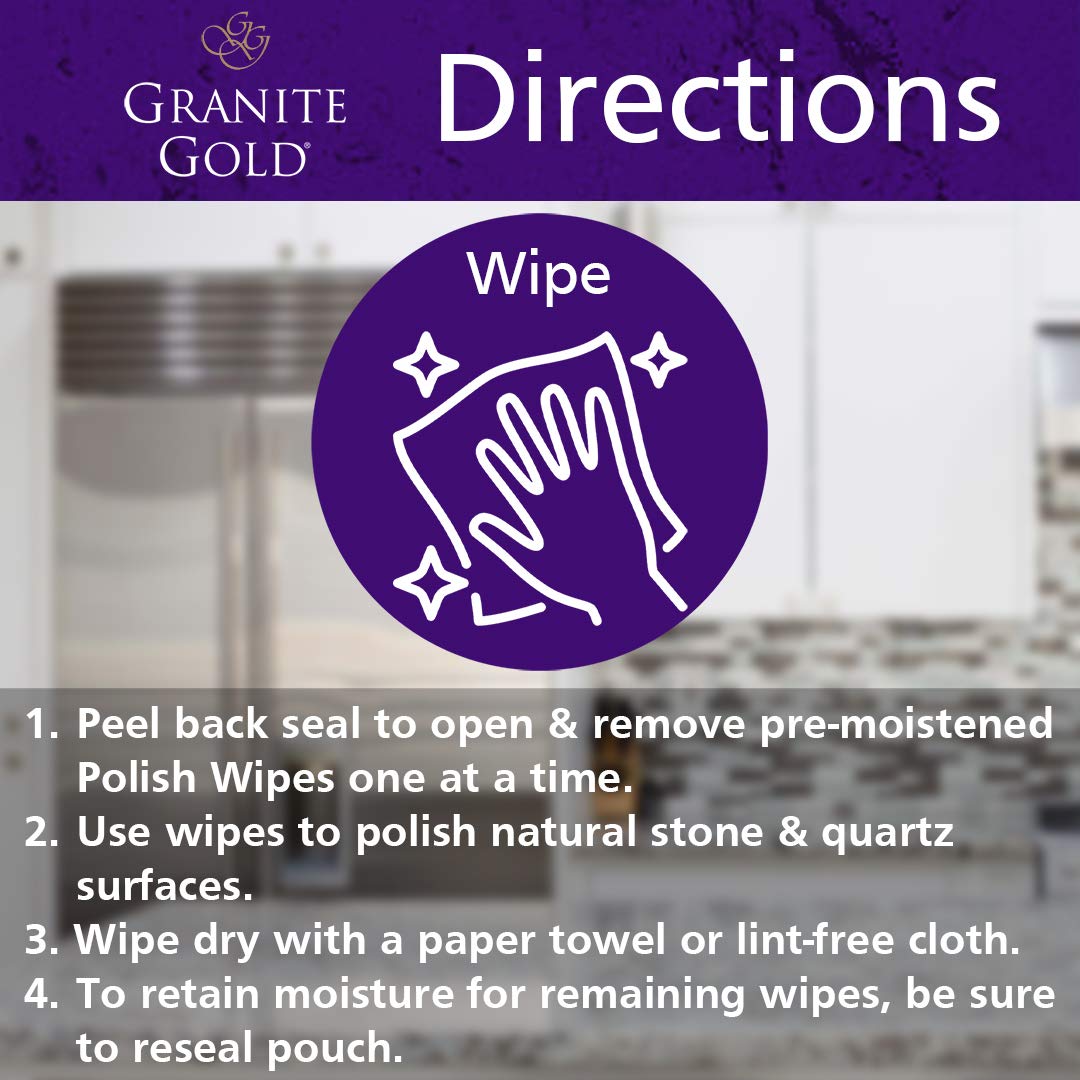Granite Gold Polish Wipes Streak-Free Shine for Granite, Quartz, Marble, Travertine, Natural Stone Countertops, 18 Count, 1-Pack