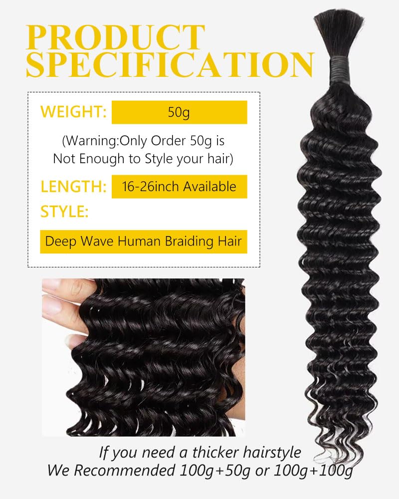 QTHAIR Deep Wave Bulk Human Hair For Braiding 18A No Weft (20" 50g #1B(Natural Black)) 100% Unprocessed Brazilian Deep Wave Human Hair Virgin Hair Extensions Two Bundles Micro Braiding