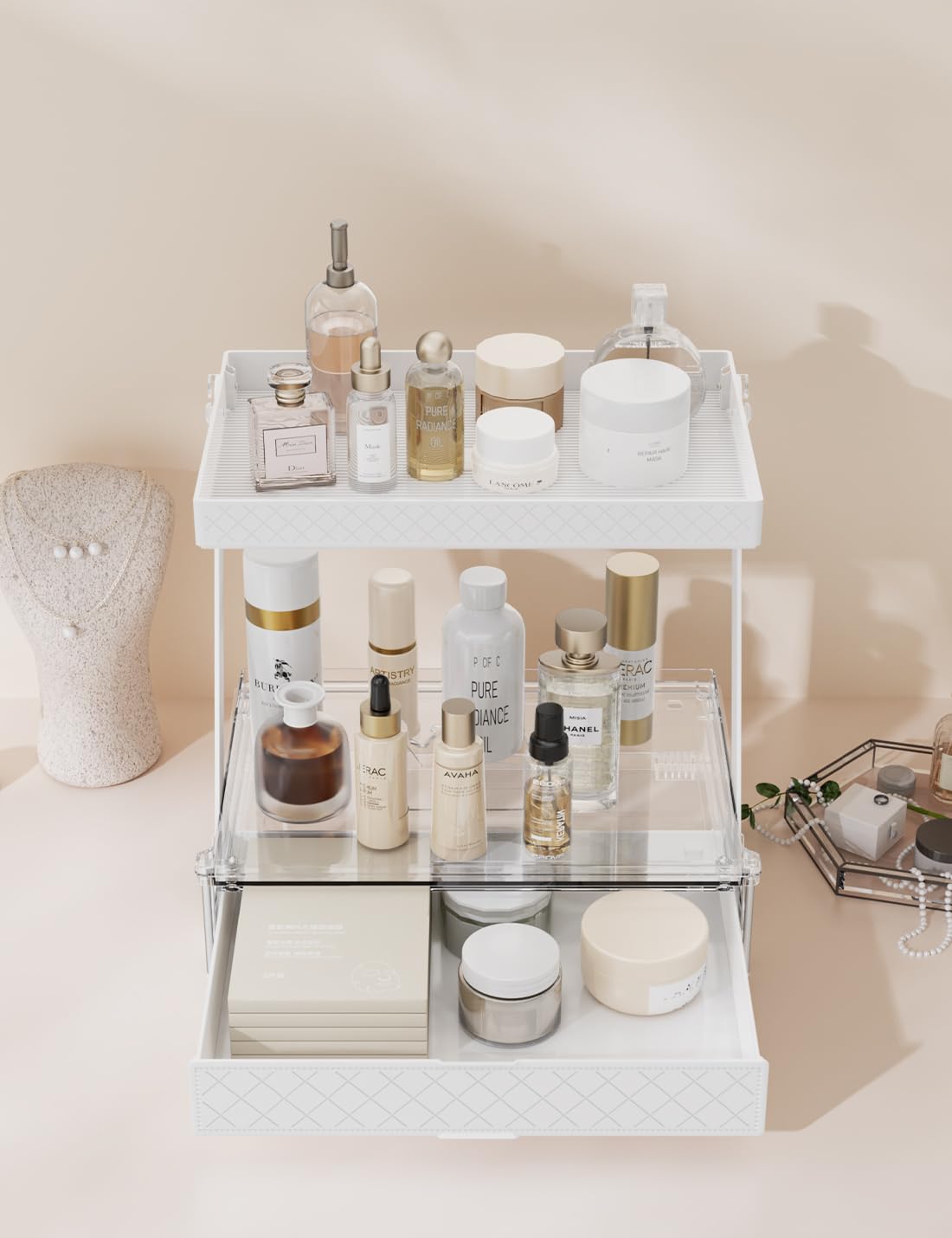 NEATORA 2 Tier Bathroom Countertop Organizer, Z-Shaped Vanity Organizer with Sliding Tray & Drawer, Skincare, Makeup & Perfume Storage Organizer, Acrylic office, Dresse & Desk Organizer