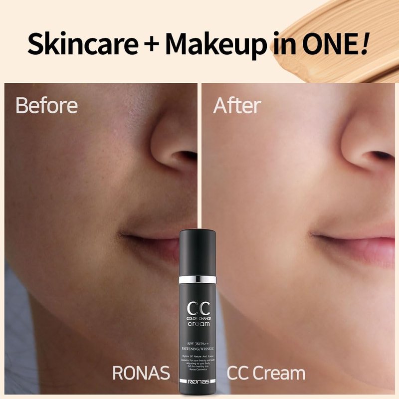 Ronas CC Color Change Cream - SPF 38 PA+++ Sunscreen Foundation | Korean Aesthetic Makeup, 1.69 Fl Oz