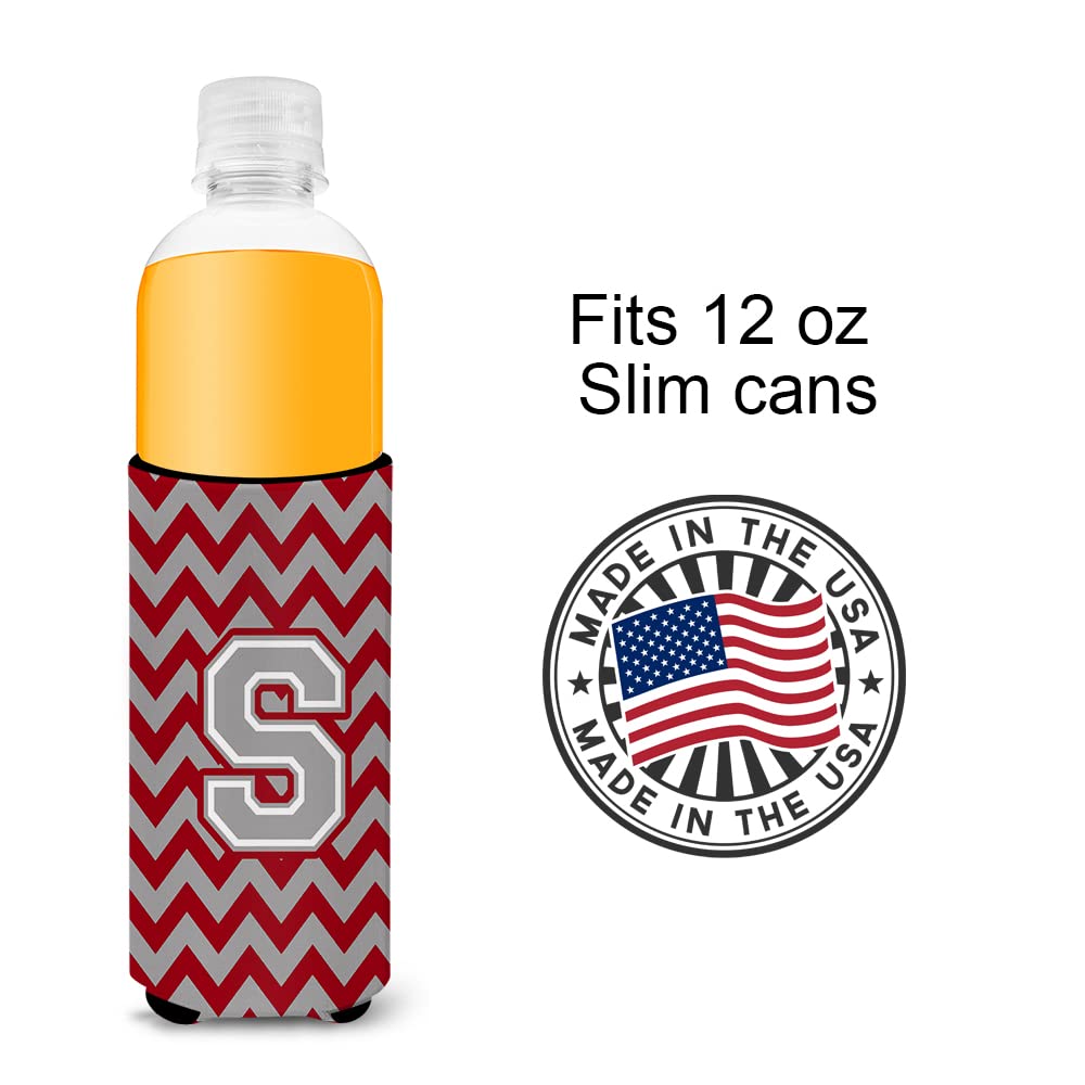 Letter S Chevron Crimson and Grey Ultra Beverage Insulators for slim cans
