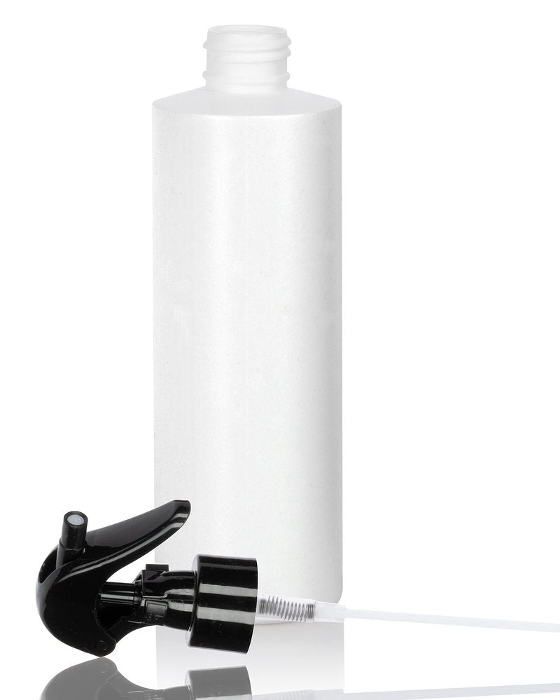 JUVITUS 8 oz / 240 ml White Refillable Plastic Cylinder Squeeze Bottle with Black Trigger Sprayer - 12 PACK