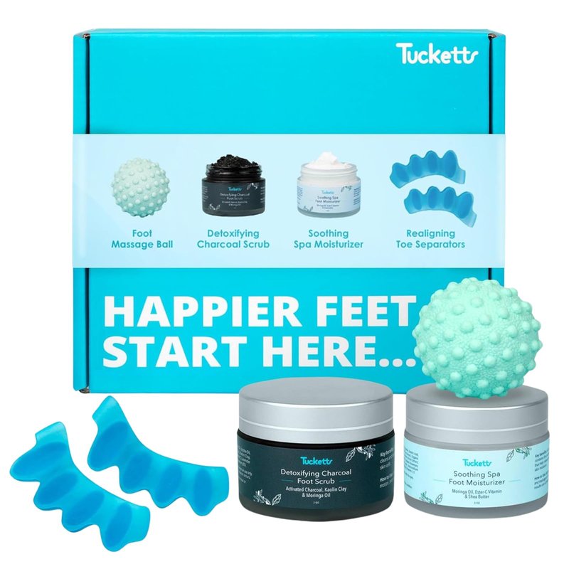 Tucketts Foot Spa Kit for Women - More than a Pedicure Kit with Foot Massage Ball, Toe Separators for Bunions, Charcoal Foot Scrub, Shea Butter Moisturizer for Dry Feet, Self Care Gifts for Women
