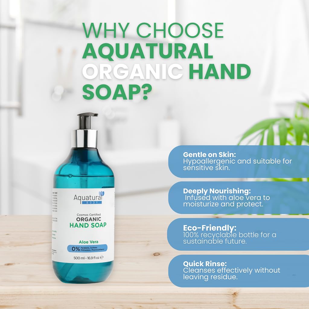 Aquatural Organic Hand Soap - Liquid Hand Soap with Aloe Vera - Plant Based, Cruelty-Free & Vegan - Moisturizing Wash - Paraben Free & Sulfate Free Natural Soap - Lavender Handsoap