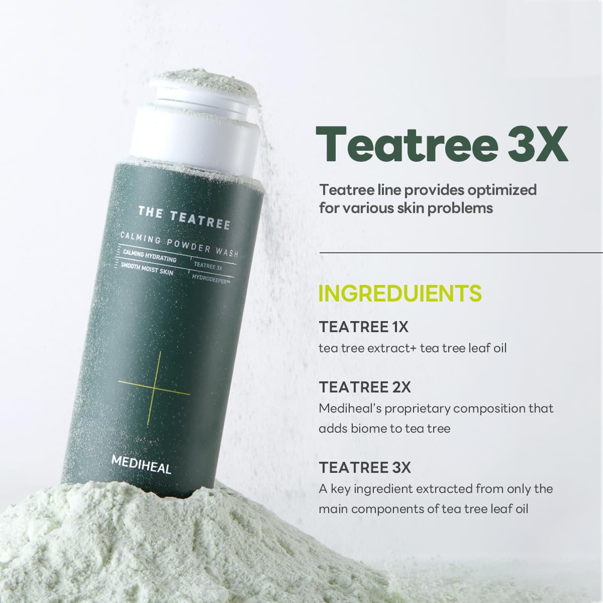 Mediheal Teatree Calming Powder Wash (1.76 oz) - Hydrating Daily Facial Cleanser with Gentle and Rich Bubbles for Remove Blackhead