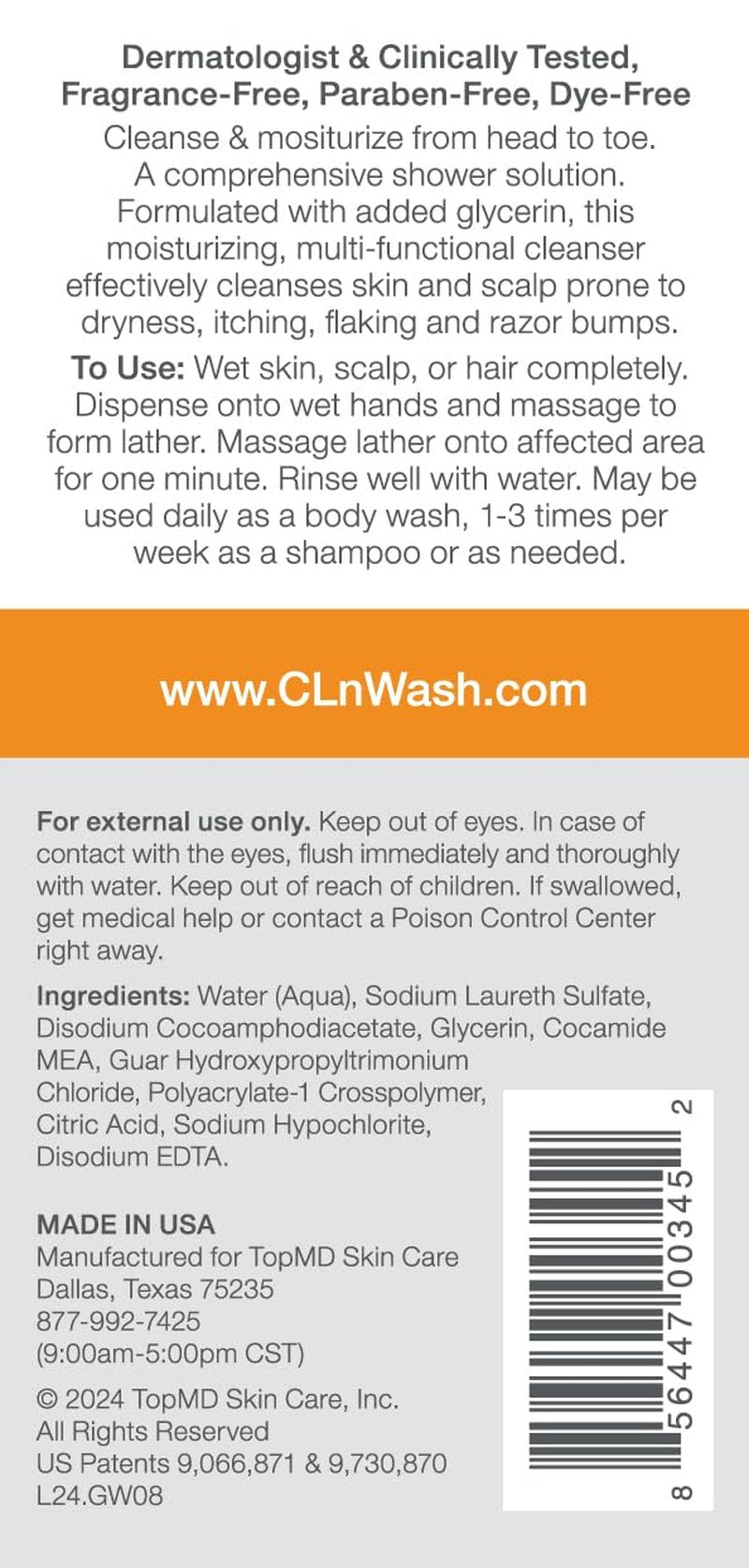 CLn® 2-in-1 Gentle Wash & Shampoo - Multi-Functional Cleanser for Irritated Skin & Scalp | Fragrance-Free, 8 fl. oz.