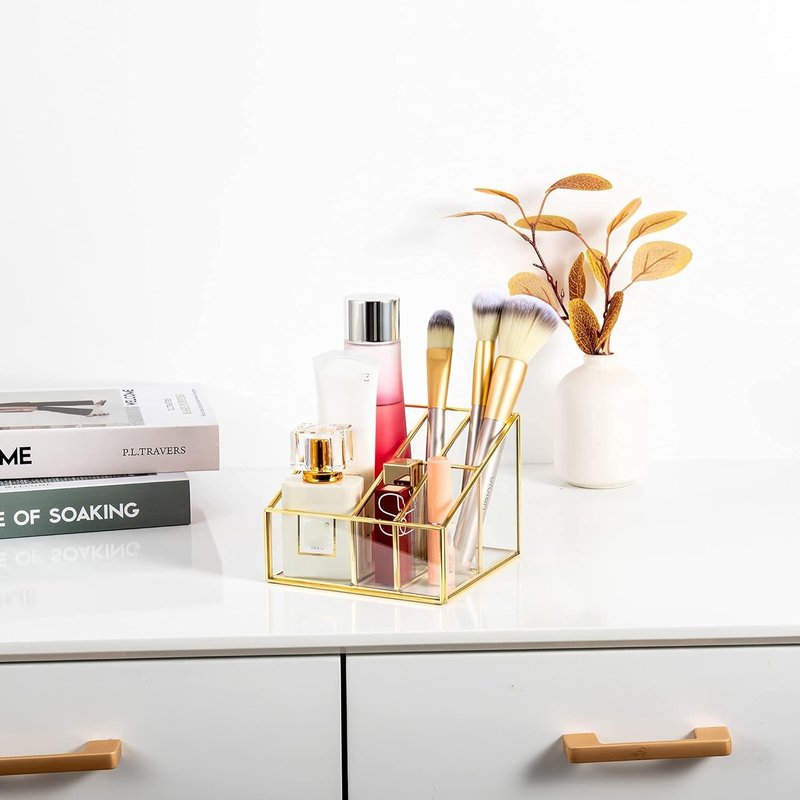 Feyarl Glass Makeup Organizer 5 Slot Cosmetic Brush Holder Vanity Storage for Makeup Jewelry Dresser Tabletop Desk Accessories Case