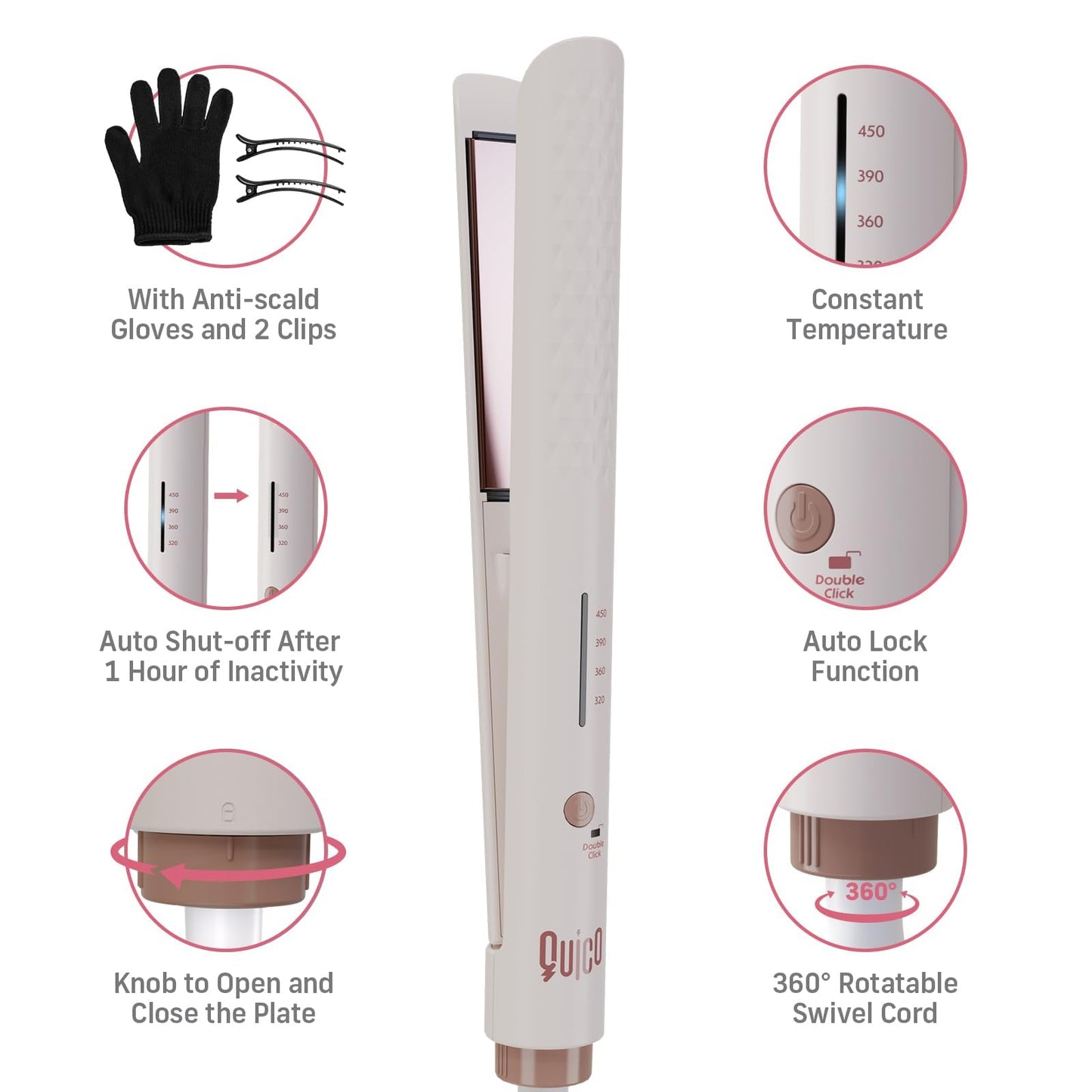 Quico Hair Straightener, 110-240V Global Travel Hair Straighteners for Women, 15s Fast Heating, Ceramic Negative Ion Flat Iron, Temp Memory, 320℉-450℉, Auto-Off, with Glove and Clips, Gift, Pink