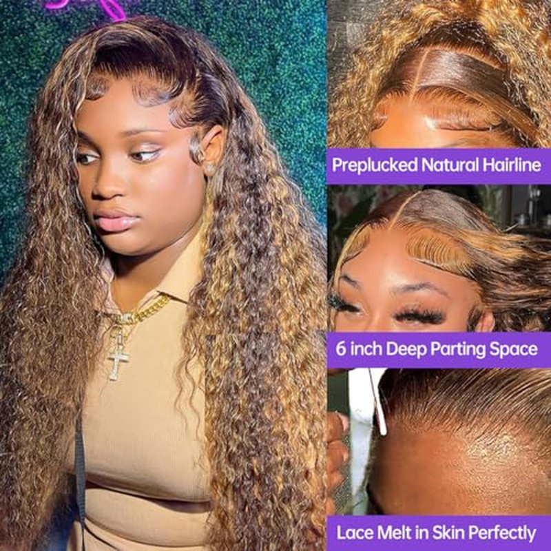 Highlight 13x6 Lace Front Wigs Human Hair Honey Blonde Ombre Deep Wave Lace Front Wigs Human Hair for Black Women 180% Density (26 Inch)