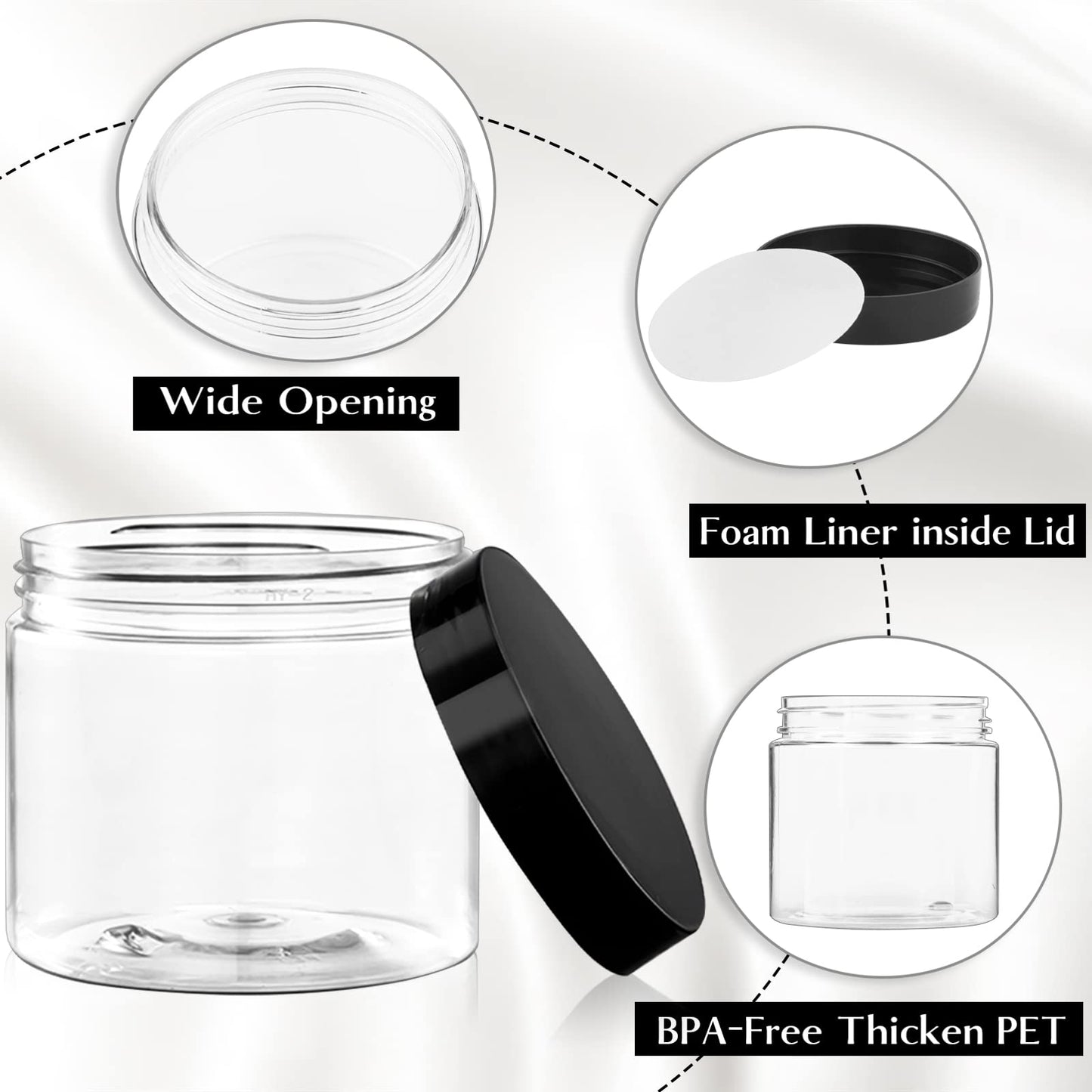 48 Pack 6 Oz Plastic Jars with Lids, 6oz Small Plastic Containers with Lids for Cosmetic Makeup Beauty Products, Slime, Sample, Travel, BPA Free | Wide Mouth | Refillable