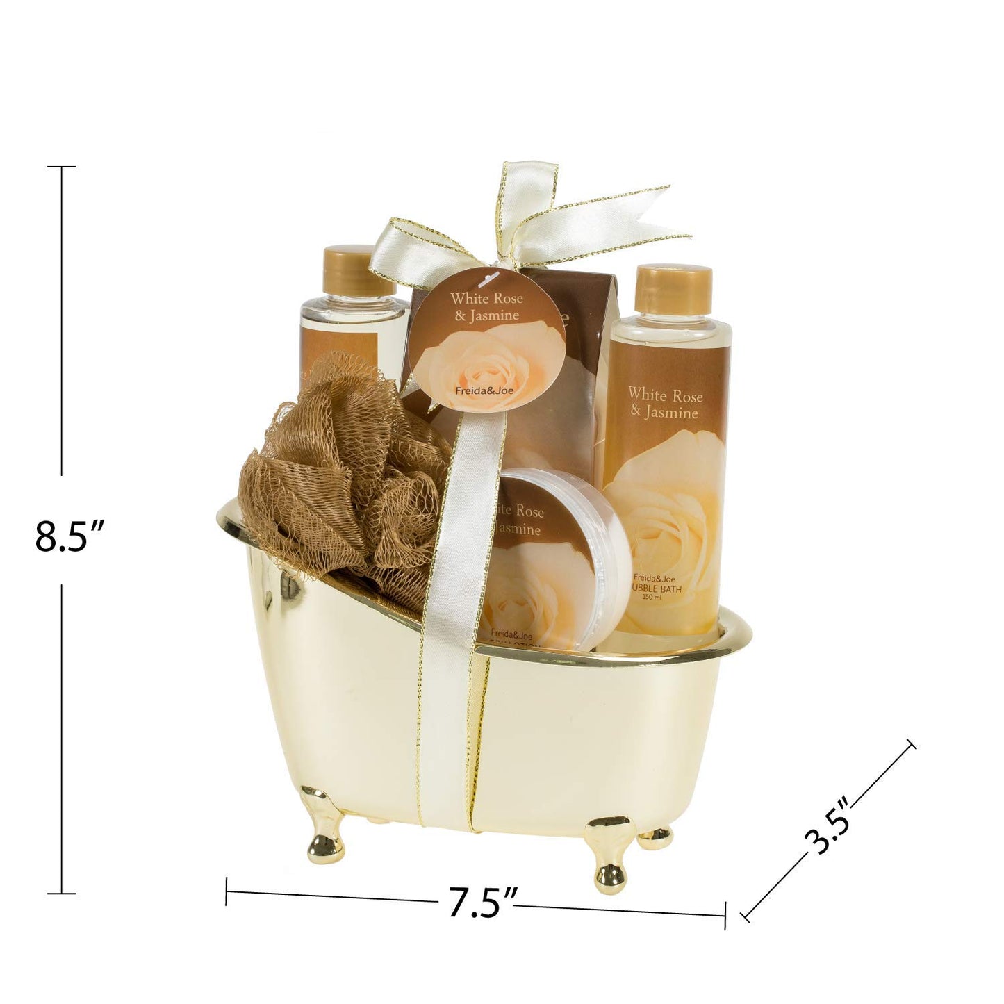 White Rose Jasmine Spa Set For Women in Elegant Gold Tub Includes Shower Gel, Bubble Bath, Body Lotion, Jasmine Bath Salt, Pouf, Award Winning Bath Body Set Gift – Mother's Day Gift for Mom