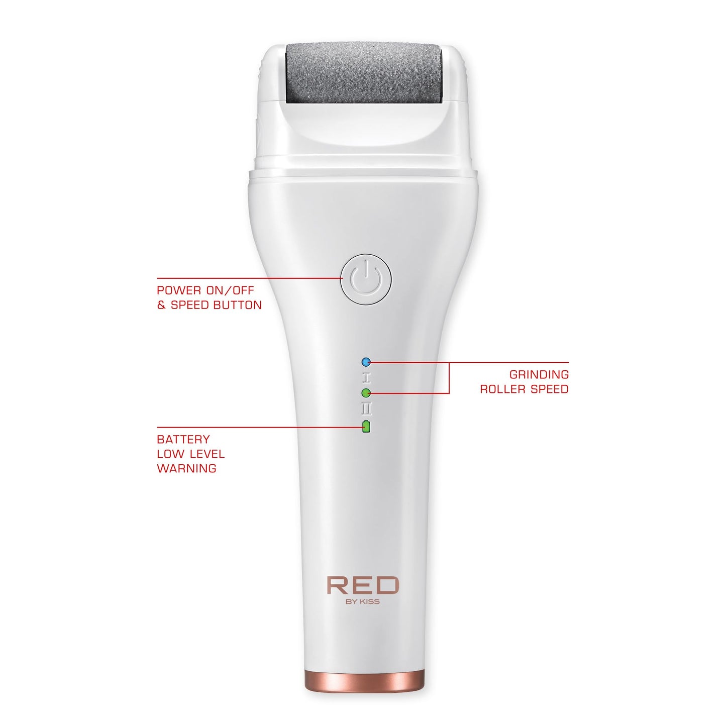 Red by Kiss Cordless Electric Foot File Callus Remover, 3 Roller Heads & 2 Speed Setting, Long and Curved Roller Head Stone, Wet & Dry Dual Purpose, Up to 2 hr Runtime, Easy & Portable