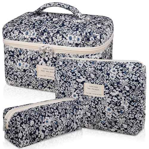Makeup Bag Set, Quilted Makeup Bag, Large Floral Cosmetic Bag for Women, Cute Cotton Makeup Bags, Flower Travel Toiletry Organizer Bag (Black Rose Flower)