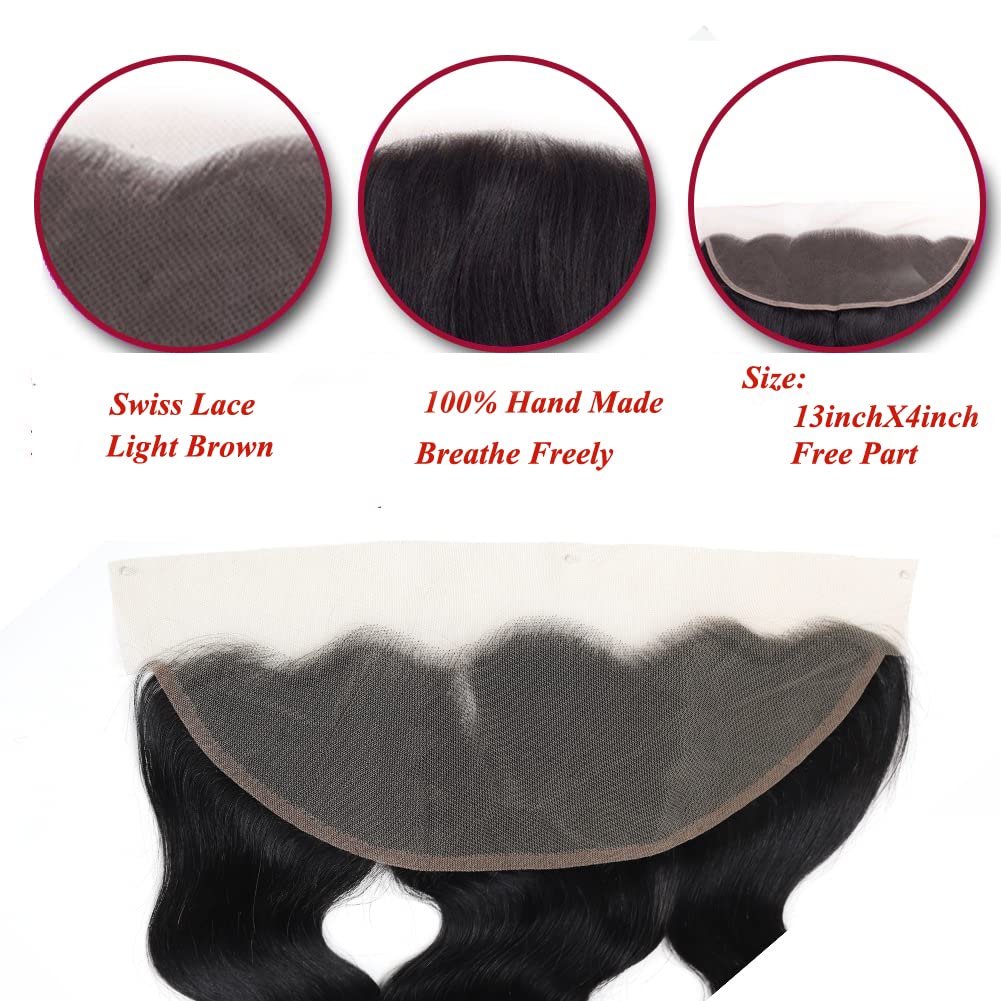 Amella 13x4 Lace Frontal Ear To Ear Transparent Lace Frontal Closure 14 Inch Brazilian Body Wave Human Hair Full Lace Frontal Free Part 130% Density Frontal Pre Plucked with Baby Hair Natural Color