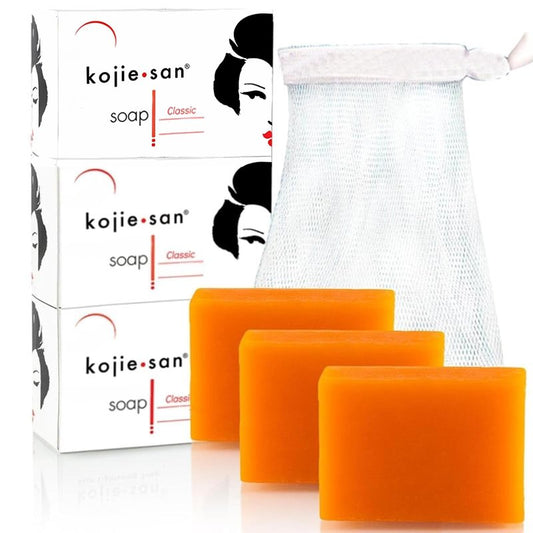 KOJIE SAN FACE & BODY SOAP (6 Bars) + Relumins Deep Pore Facial Cleansing Brush - Fair & Glowing Skin Brightening Kojic Acid Beauty Soap 65g
