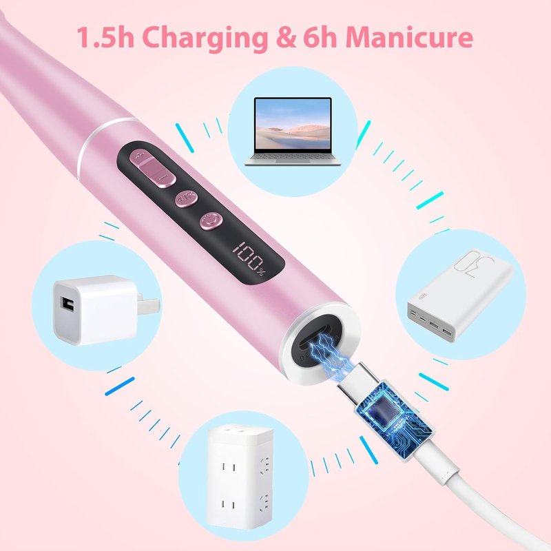 Electric Nail File - 12-in-1 Cordless Nail Drill with Digital Display & 5-Speed Settings | USB Portable Efile, 20000 RPM