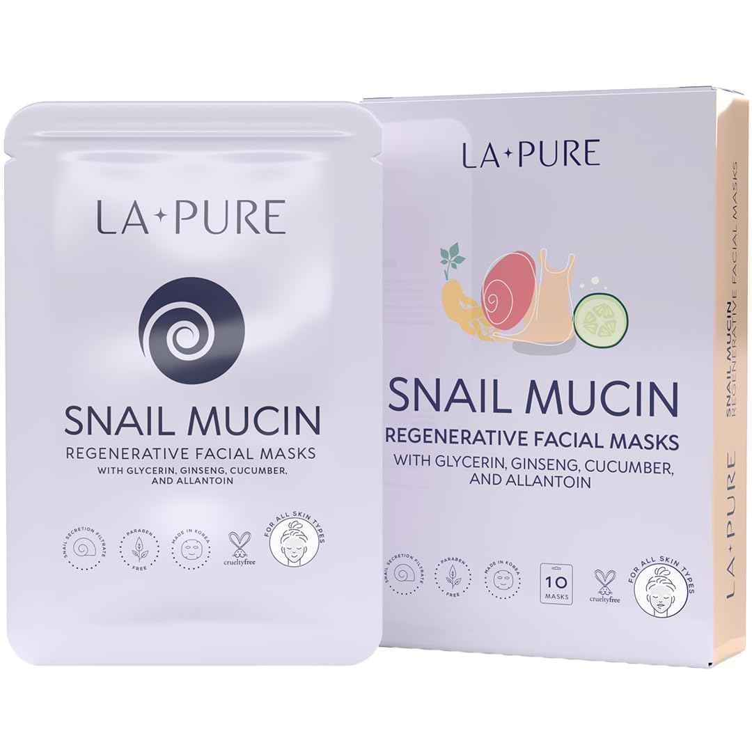 LA PURE Snail Mucin Mask – 10ct Korean Sheet Mask Pack for Signs of Aging, Aid Skin Repair & Hydration – Pure Snail Mask for Face with Collagen & Hyaluronic Acid – Cruelty-Free Hydrating Sheet Mask