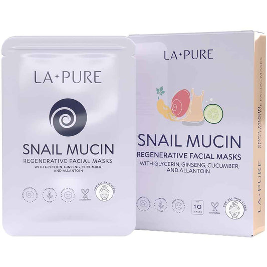 LA PURE Snail Mucin Mask – 10ct Korean Sheet Mask Pack for Signs of Aging, Aid Skin Repair & Hydration – Pure Snail Mask for Face with Collagen & Hyaluronic Acid – Cruelty-Free Hydrating Sheet Mask