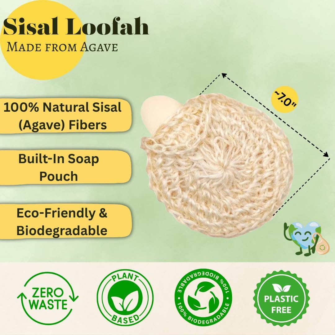 Natural Handwoven Sisal Loofah Body Scrubber | Organic Agave Fiber Shower Sponge - 3-Pack for Men & Women