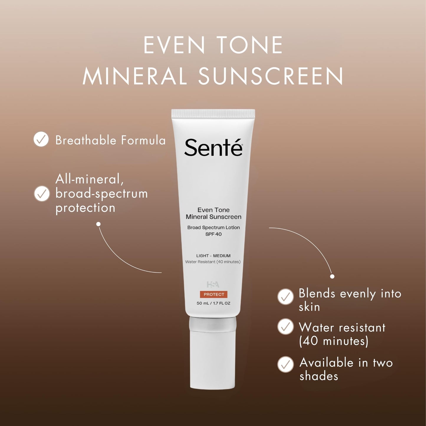 Senté Even Tone Mineral Sunscreen Tinted | SPF 40 Light-Medium | Hydrating, Lightweight Sun Protection Treatment for Redness & Discoloration | UVA/UVB & Blue Light Defense | 1.7 oz