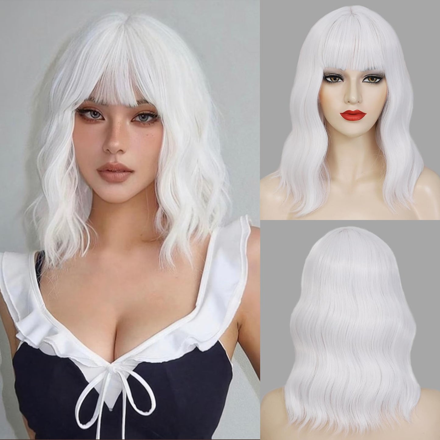 Beelu White Wig with Bangs 14 Inch Short Wavy Synthetic Bob Wigs for Women