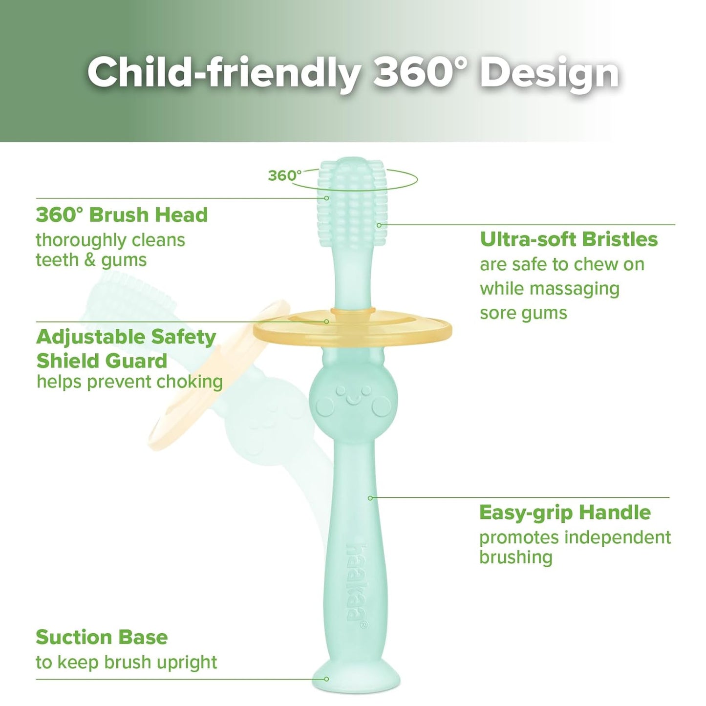 Haakaa 360° Baby Toothbrush - Food-Grade Silicone for Gentle Self-Brushing Training | Adjustable Safety Shield - Blue