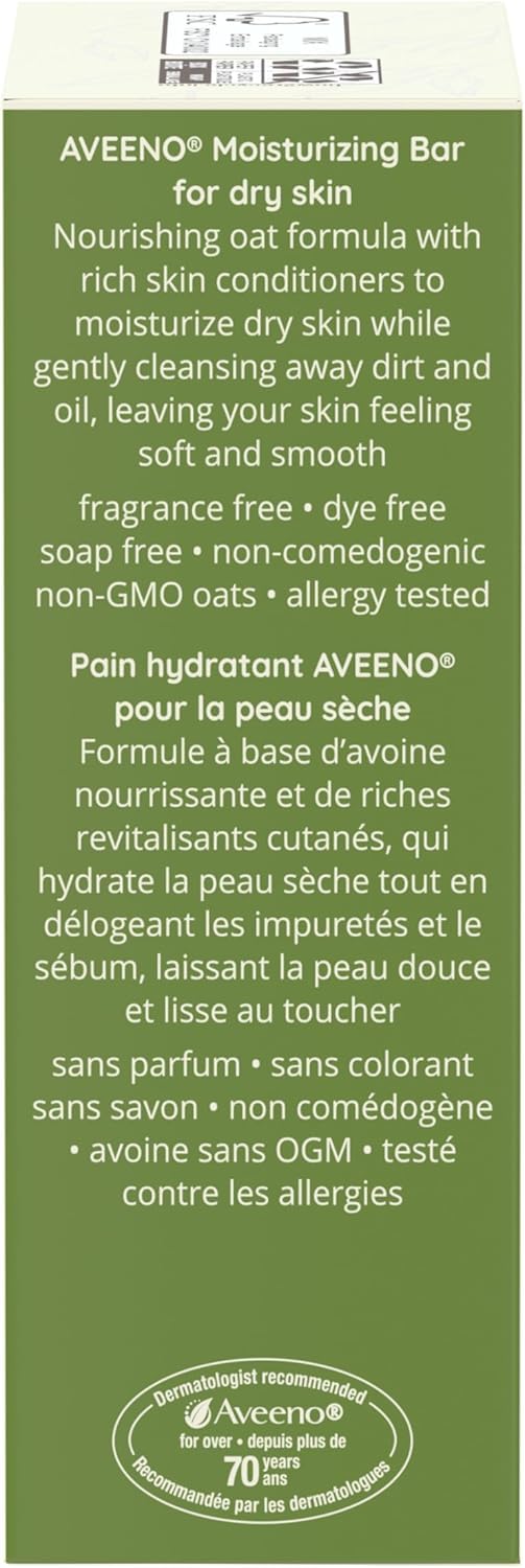 Aveeno Gentle Moisturizing Bar Facial Cleanser with Nourishing Oat for Dry Skin, Fragrance-free, Dye-Free, & Soap-Free, 3.5 oz (Pack of 6)