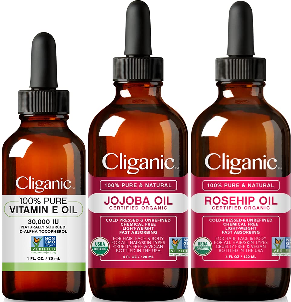 Cliganic Face Oil Trio - Vitamin E, Jojoba & Rosehip Oils for Glowing Skin | 3-Pack