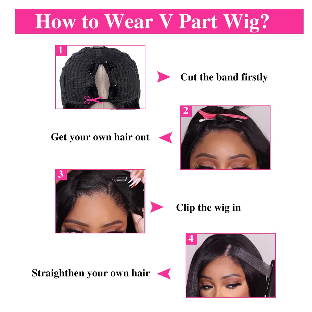 180% Density V Part Wig Human Hair with Drawstring Straight Brazilian Virgin Glueless Wig Human Hair for Black Women Upgrade U Part Wigs Full Head Clip In Half Wig No Leave Out Natural Color 8 Inch