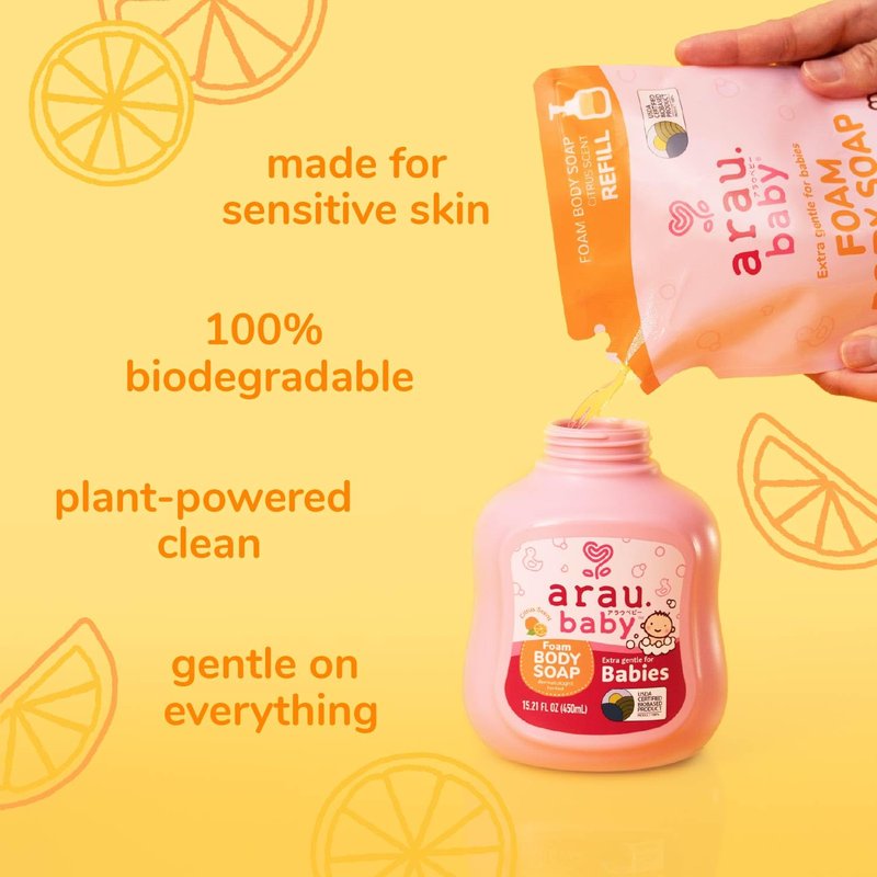 Arau Baby Foam Body Soap, Citrus Scent Refill, Natural Plant Based Foaming Body Wash for Babies, Infants and Toddlers, Gentle on Sensitive Skin, No Artificial Fragrance or Additives, 15.21 Fl Oz