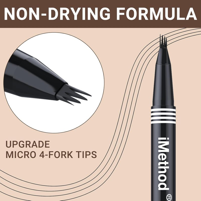 iMethod Eyebrow Pen - Microblading Pencil with 4-Fork Tip for Natural Hair-Like Brows | Waterproof Light Brown