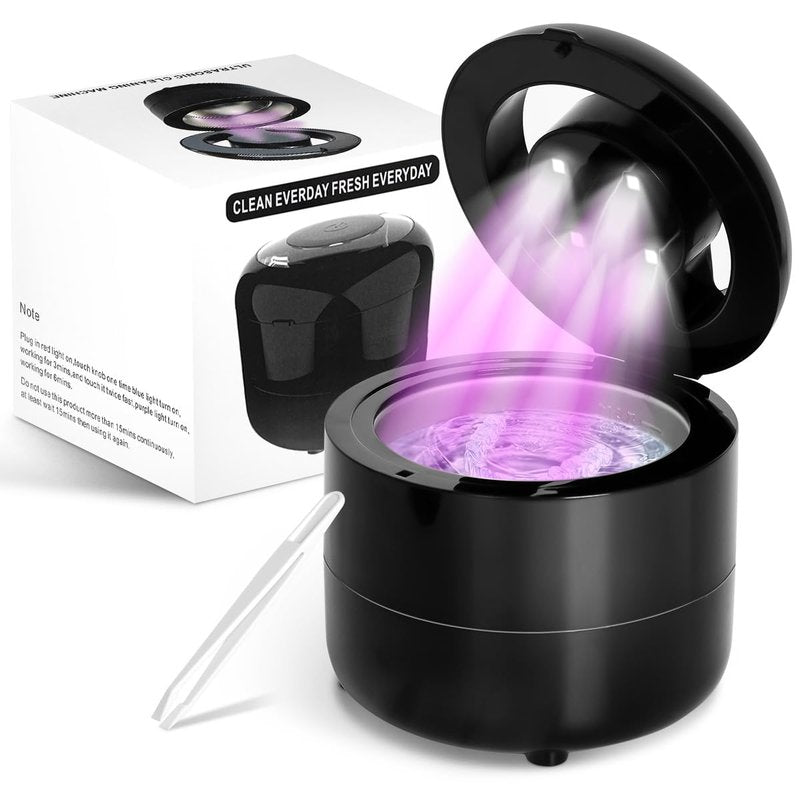 Ultrasonic Cleaner for Retainers & Dentures - Black 45kHz Deep Cleaning Technology, 2 Timer Modes (3/6 Min), Portable 180ML Stainless Steel Tank for Dental Care & Jewelry