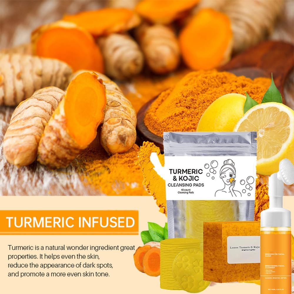 Turmeric Facial Care Set - Kojic Soap Bar, Cleansing Wash & Facial Pads | 3-Piece Skincare Trio