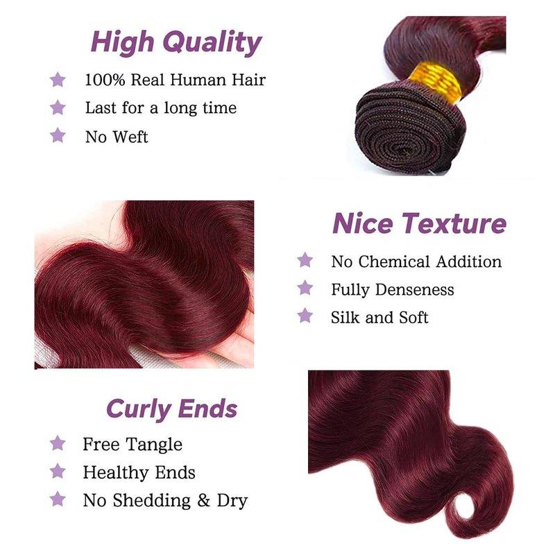 99J Burgundy Human Hair Bundles Body Wave 22 Inch 12A Wine Red Double Weft Brazilian Bundles Human Hair Extensions 1 Pack